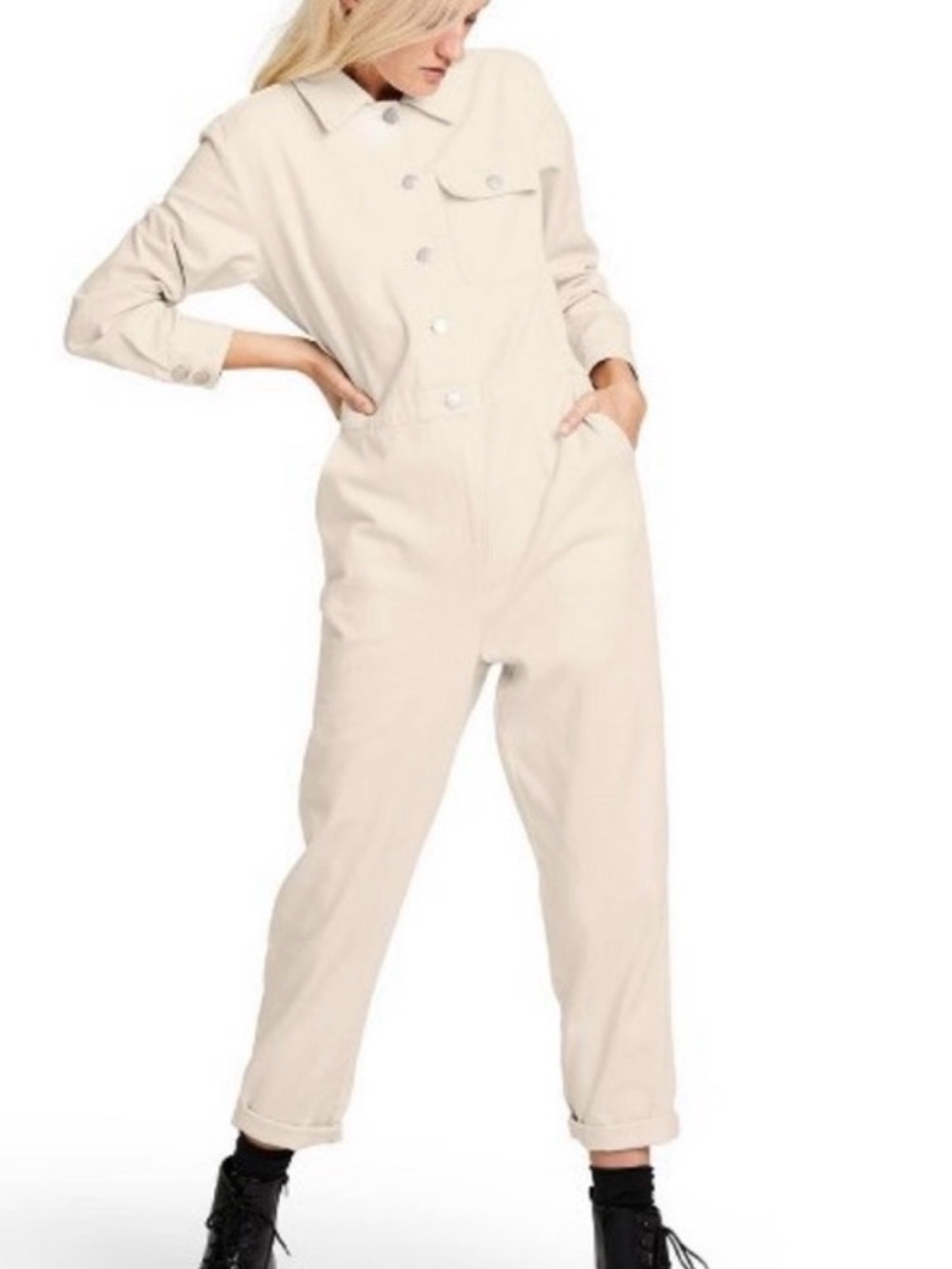 Sandy Liang Cream Button-Front Utility Jumpsuit